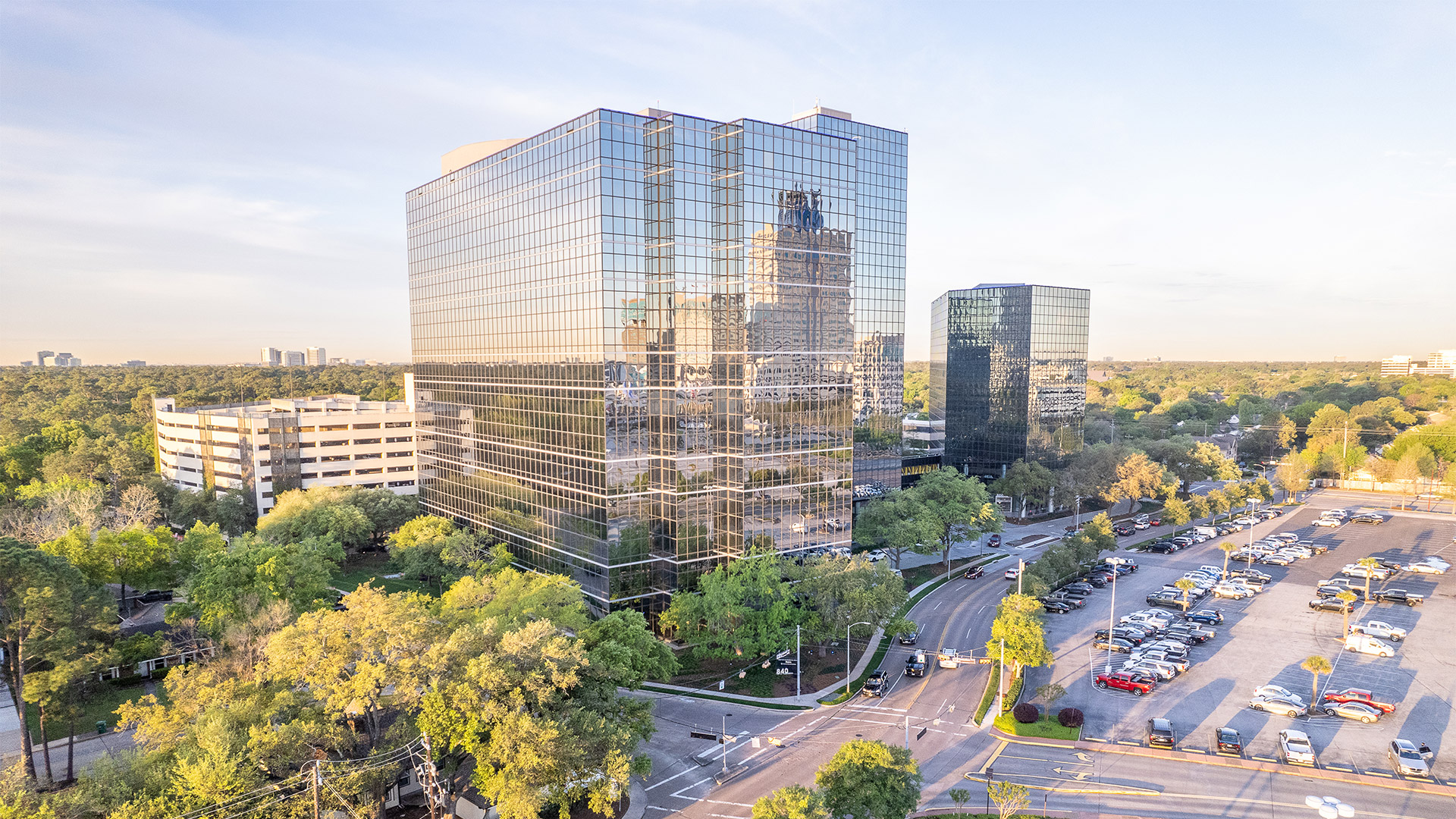Aerial view of Three Memorial City Plaza and the surrounding office campus
