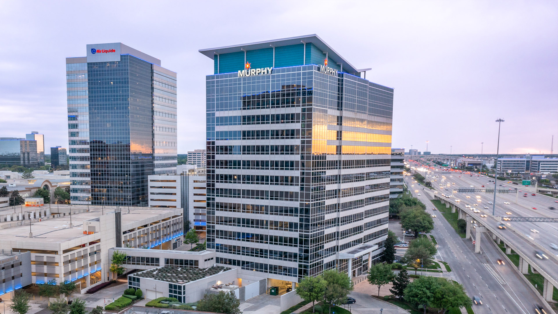 Aerial view of the Murphy Building beside the Katy Freeway