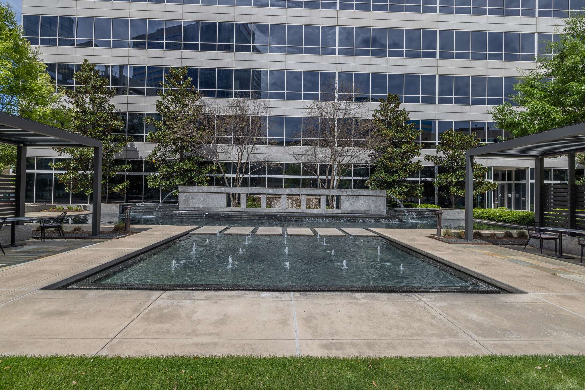 Reflecting pool and fountains in the plaza at the Murphy Building, 9805 Katy Freeway