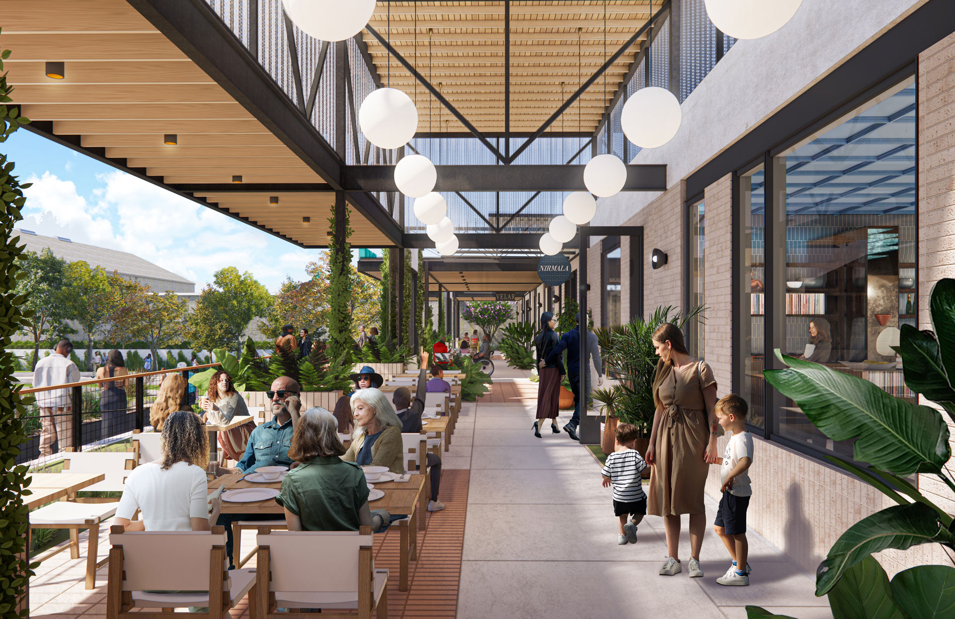 Rendering of shoppers and diners along the covered retail promenade at Greenside