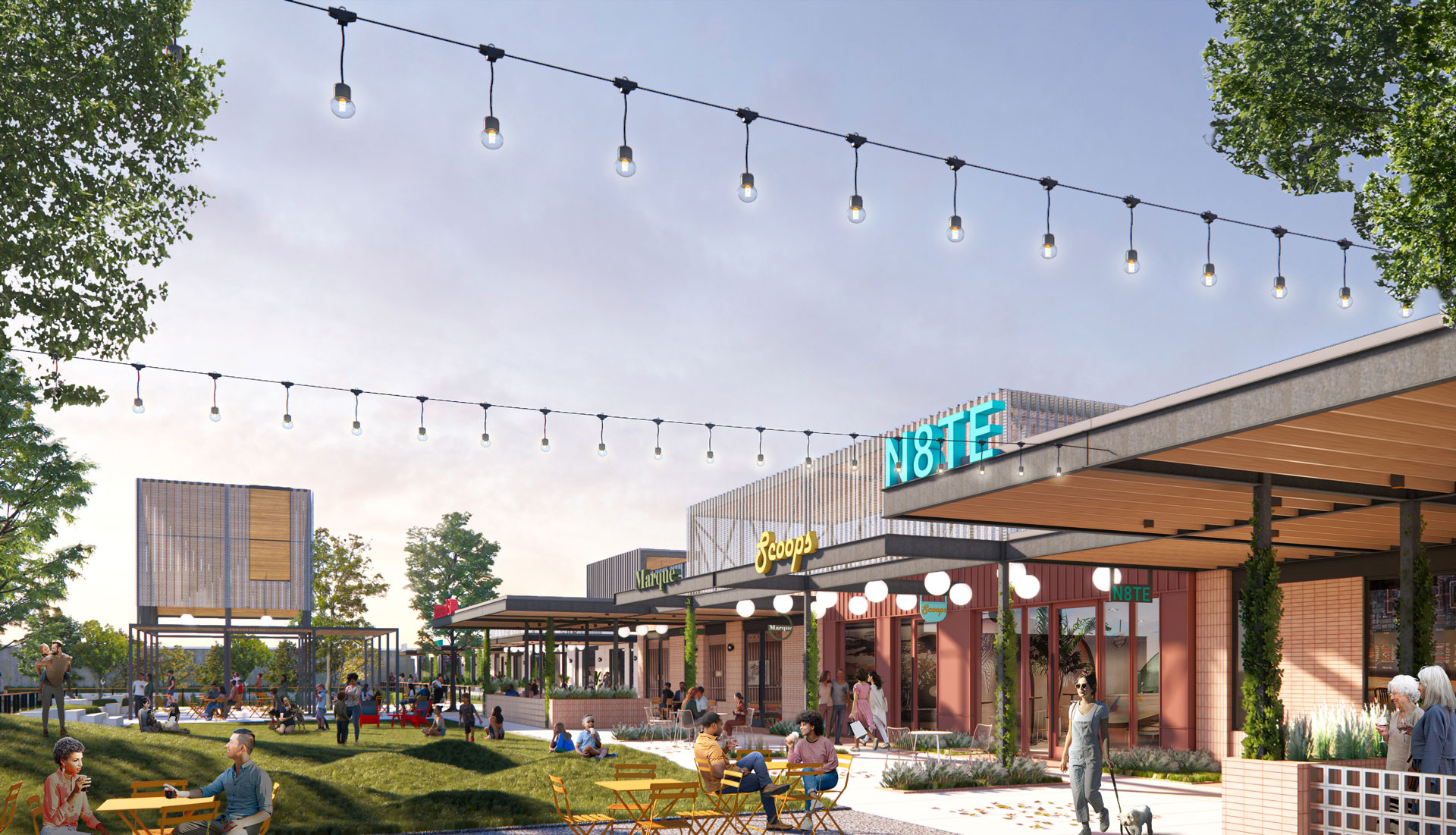 Rendering of an outdoor plaza at Greenside strung with festoon lights beside the retail buildings