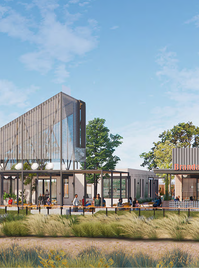 Rendering of a low-rise retail building at Greenside surrounded by landscaping