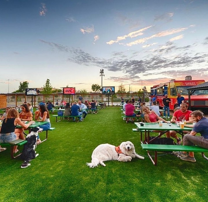 Rendering of an open lawn at Greenside with people gathered at picnic tables and a dog on the grass at sunset