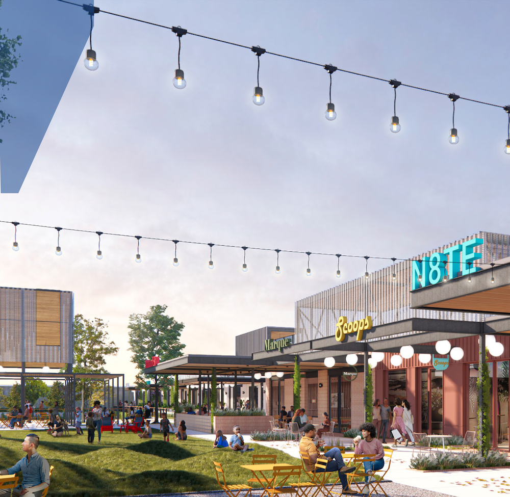 Rendering of the outdoor plaza at Greenside strung with festoon lights