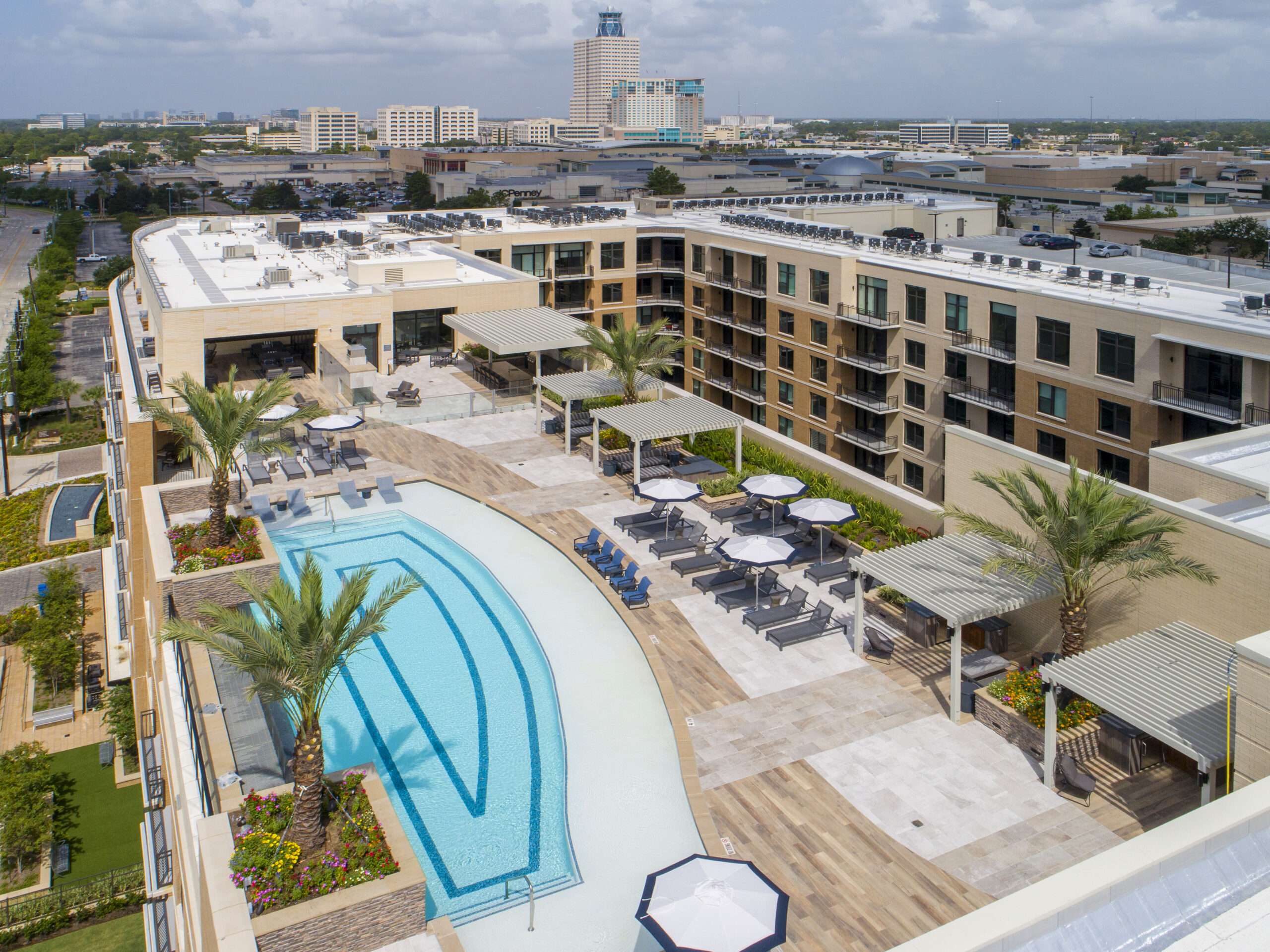 Aerial view of the pool deck and courtyard at The McAdams